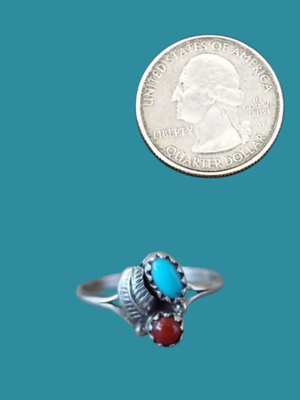 Navajo Sterling Silver Feather Turquoise & Coral Ring Size 7 - Roselene Joe